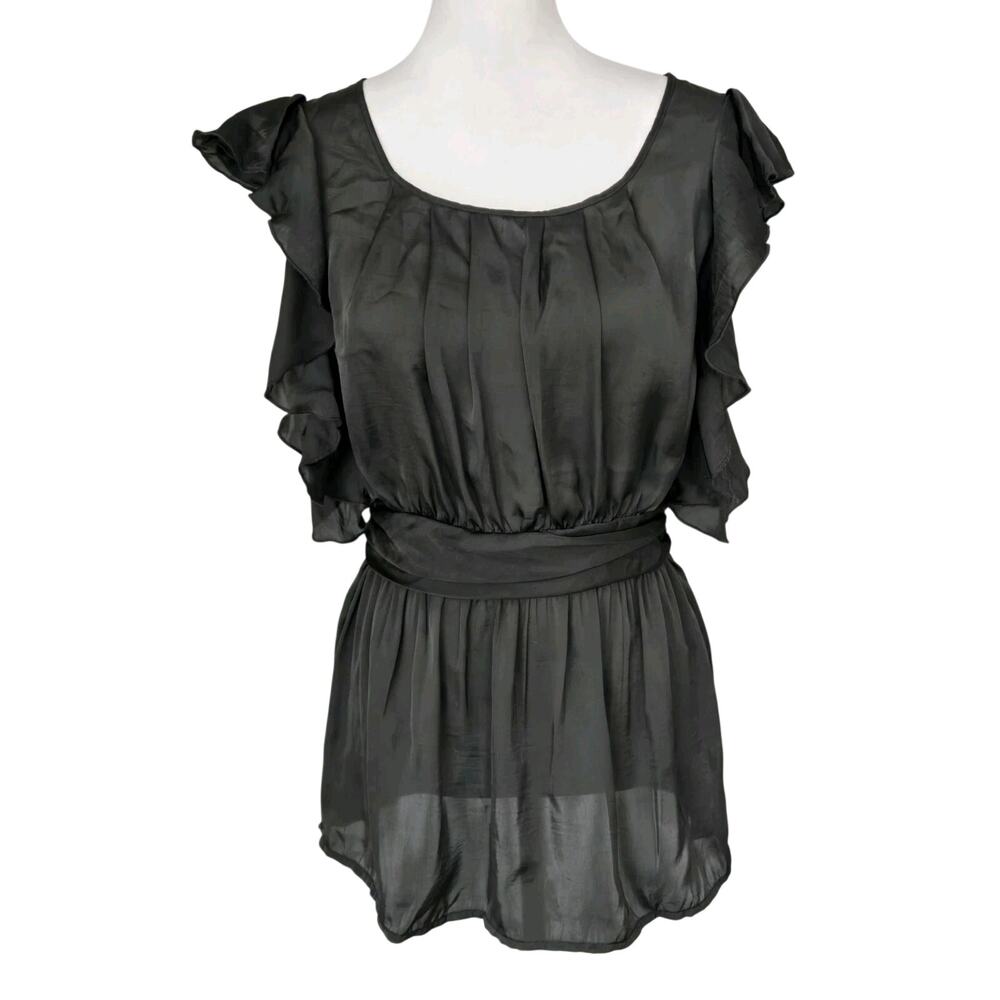Romantic Adiva Satin Finished Ruffled Cap Sleeve Gray Charcoal Blouse Top Sz M